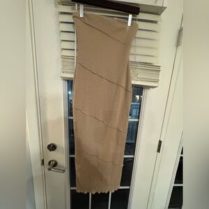 Beige Strapless  Ribbed -knit Midi Dress with Diagonal Seams Size S. New W/Tags